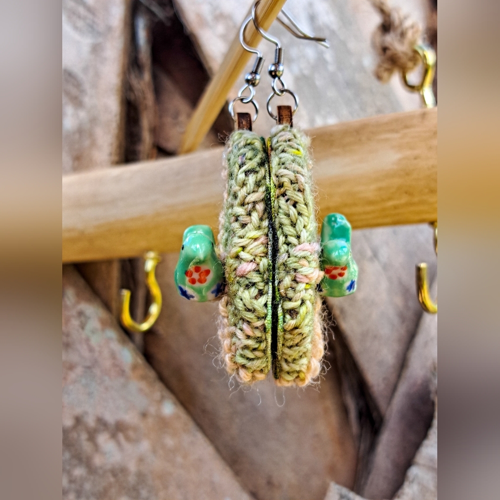 Green Knit Hexagon Earrings with Hand Embroidery Elements and a Bird-Shaped Bead - Picture 13 of 16